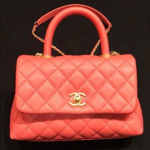 CHANEL Flap Bag with Top Handle, Coral Pink & Gold